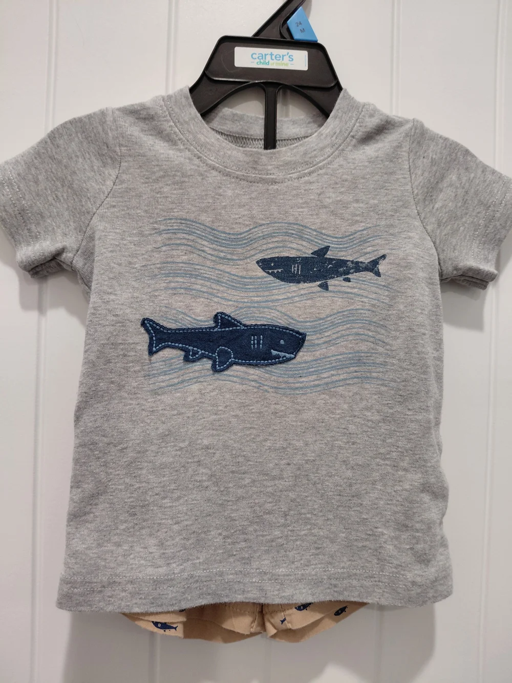 Carter's Gray Tee with Navy Shark Appliqués ###0925
